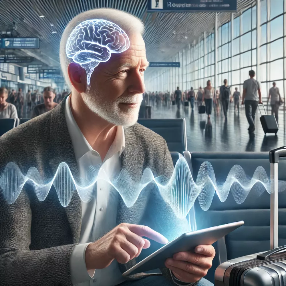 An illustration of a man around in his 60s, sitting in a crowded airport and holding a tablet. His brain is highlighted in blue. There are waves across the screen, representing his brain activity.