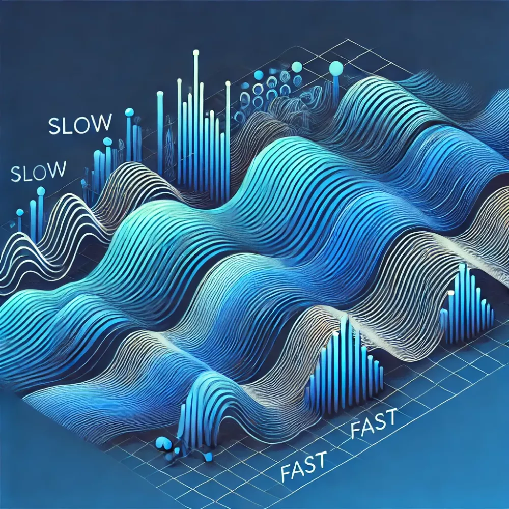 An abstract digital illustration featuring slow and fast oscillations represented as bluish waves on top of a blue background