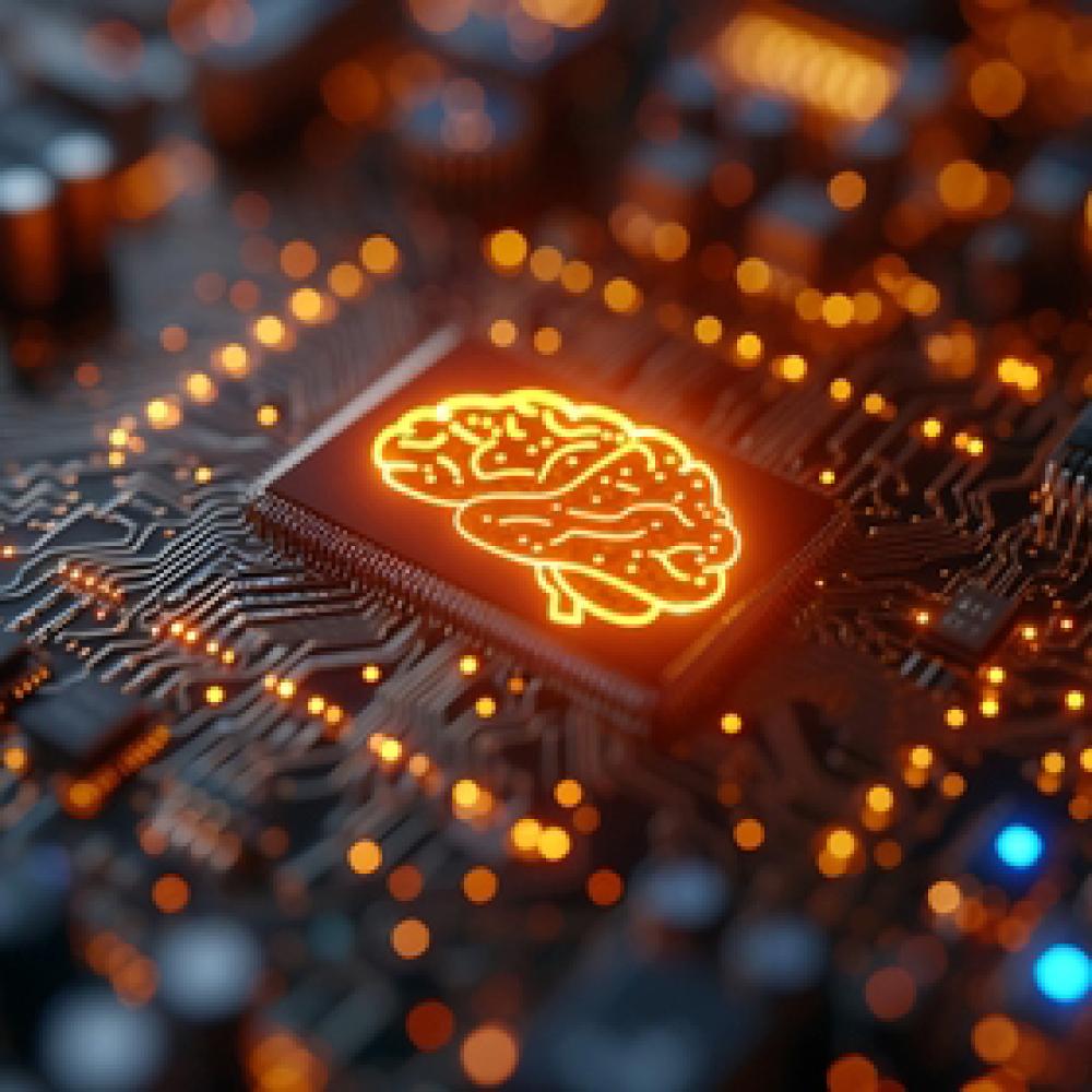 An image of a motherboard with an orange brain in the center